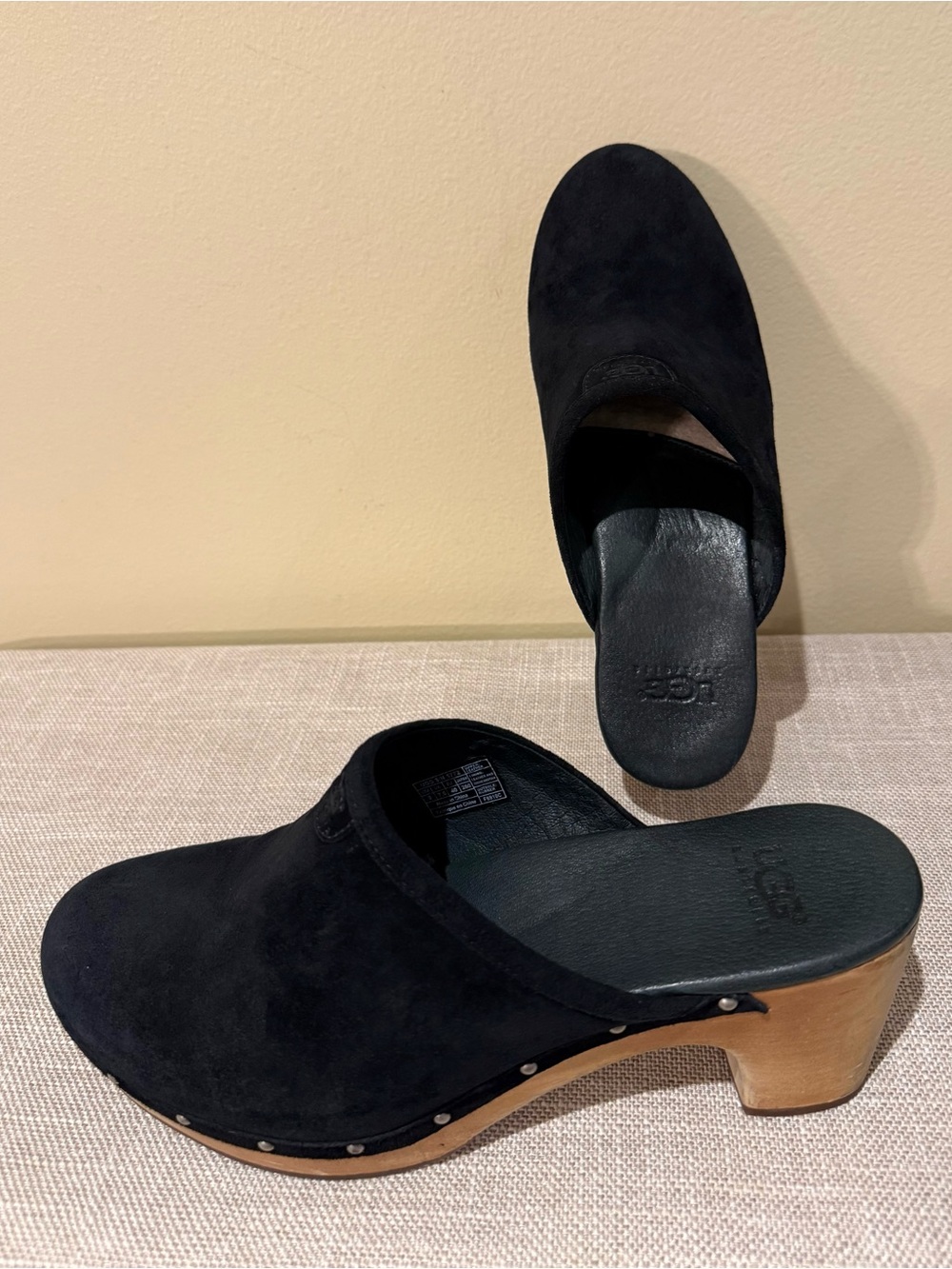 UGG Black Suede Wooden Studded Clogs Mules Size 9 / EU 40